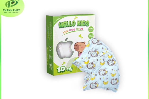 Khẩu Trang Em Bé Hello Kids 3D ( Hoạ Tiết Khỉ Ăn Chuối - 10 Cái/Hộp )